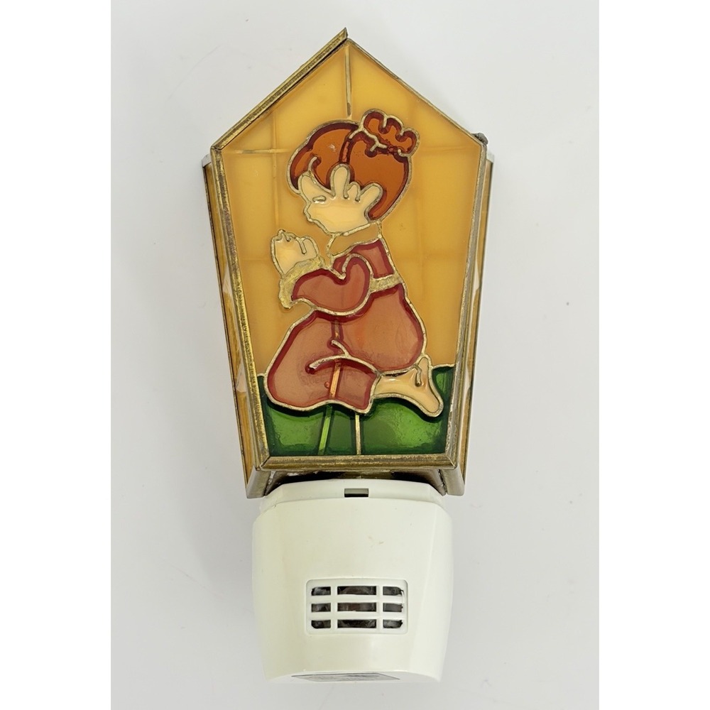 Vintage Stained Glass Girl Praying Night Light Tested Working